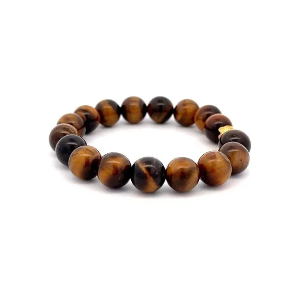 24K Gold Money Bag Lucky Charm Bracelet Gemstones Tiger Eye Brown 10mm - Picture 3 of 5